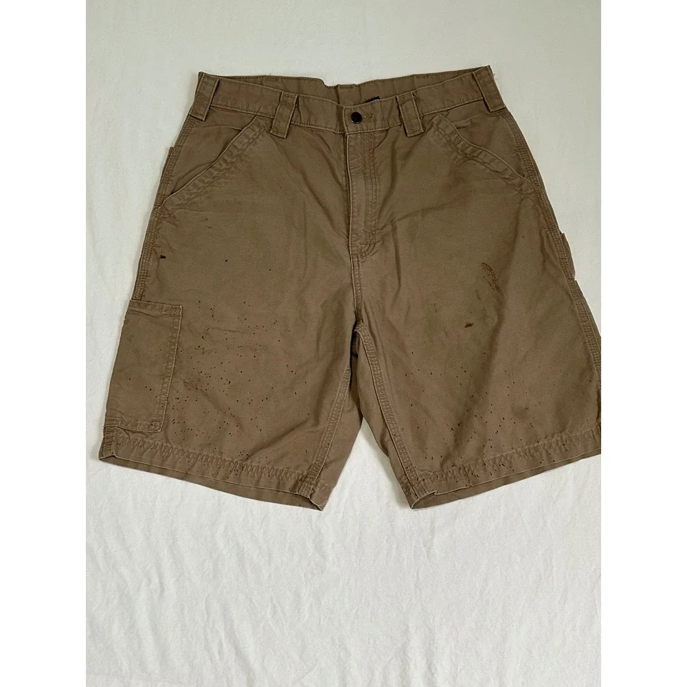 Carhartt Mens Canvas Carpenter Shorts Tan Distressed Paint Splatter Size 34